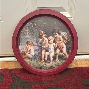 Vintage Decorative Cherub 13 inch Tin Tray & Wall Art with Red Border